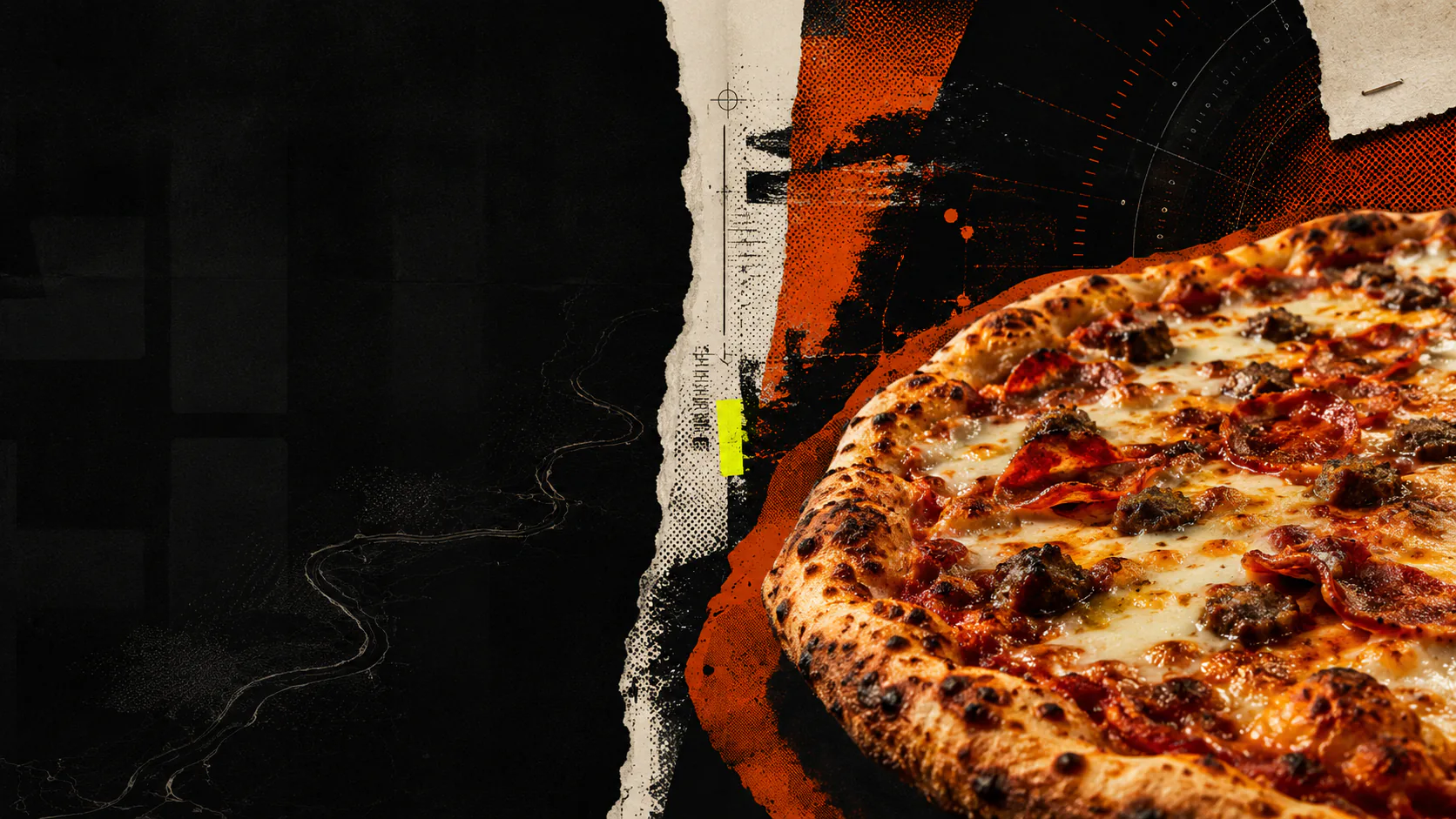 Singo Pizza Crew pizza in a black, orange and paper collage